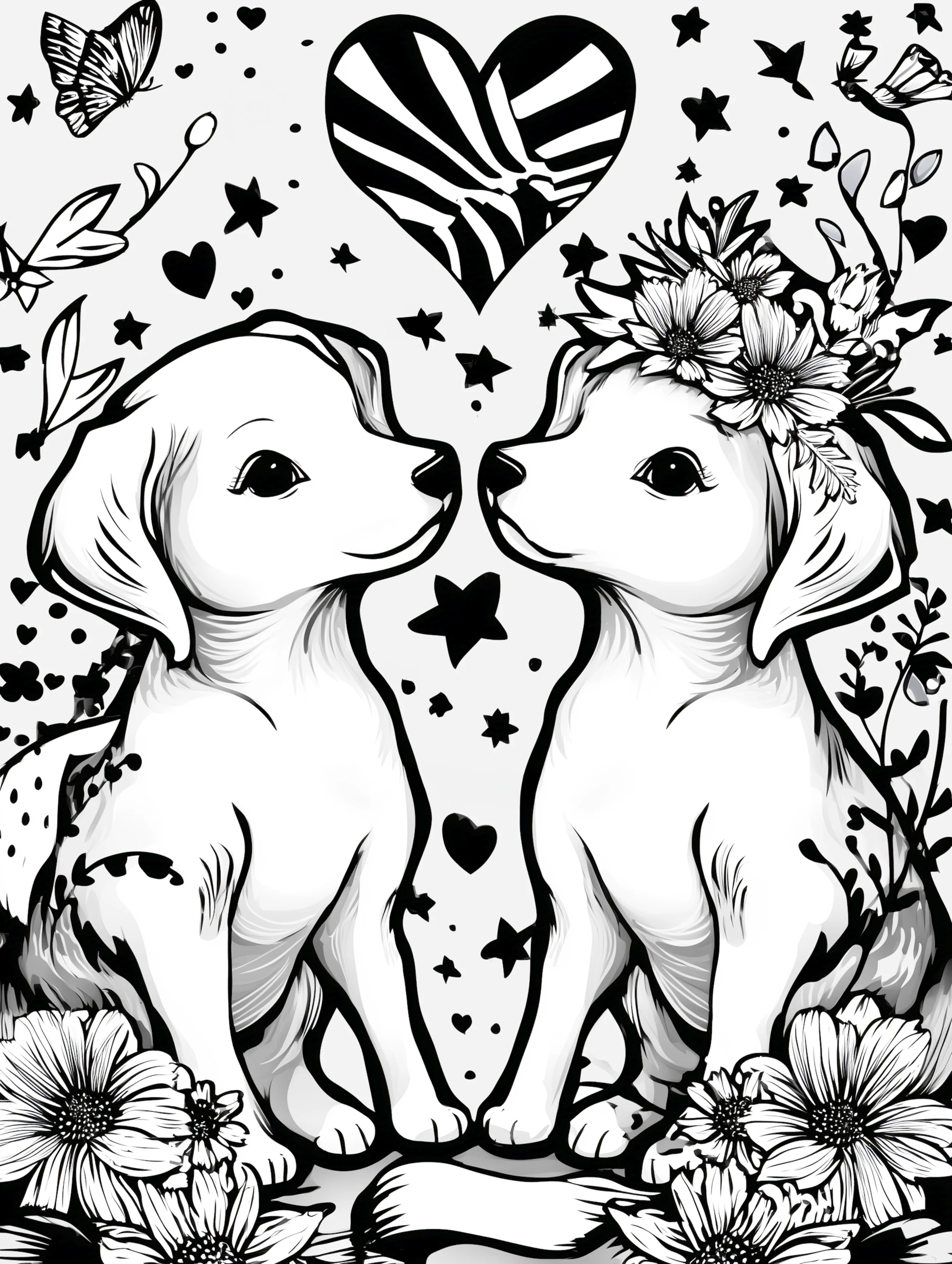 Free printable valentines coloring pages for adults featuring sweet labrador dogs and a heart